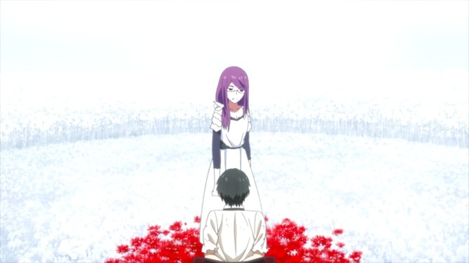 Kaneki and Rize interacting in dreamscape.